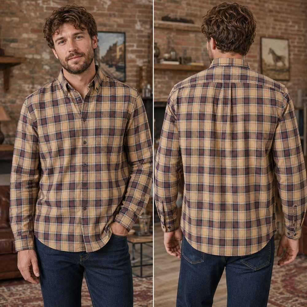 Banana Republic Mens L Standard Fit Plaid Flannel Shirt Tan Brown Red 507913-00-